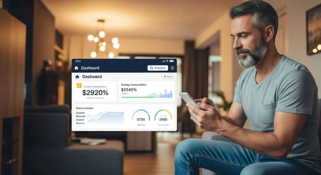 A homeowner looking at a smartphone app dashboard that monitors home electricity usage in real time.