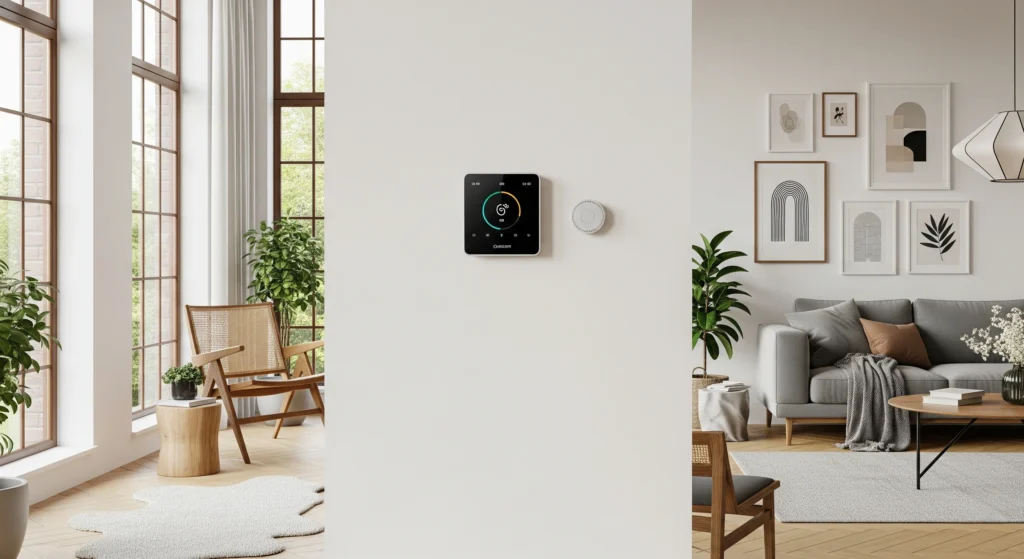 A modern home interior with a smart thermostat on the wall, representing AI home energy management