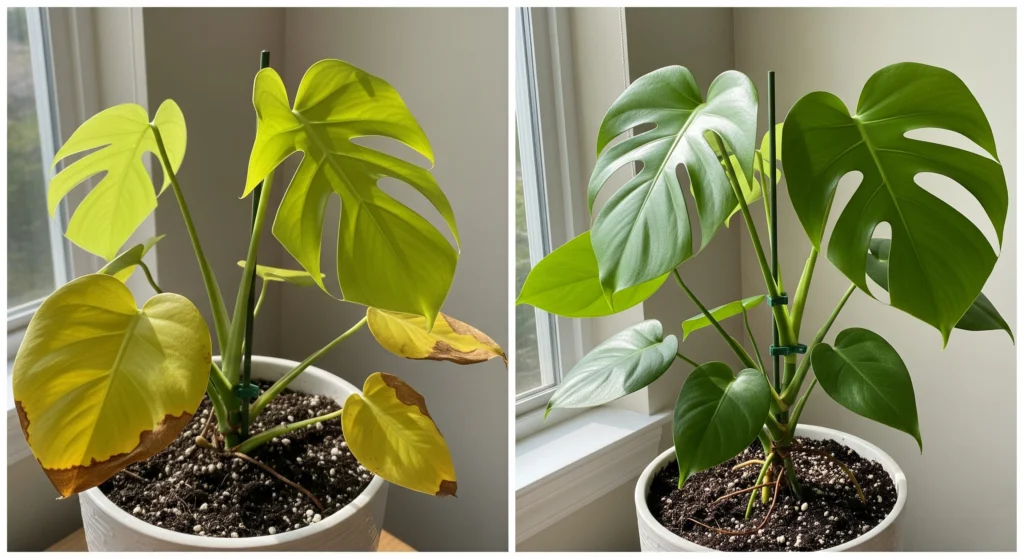 Before and after photos showing healthy plant care techniques