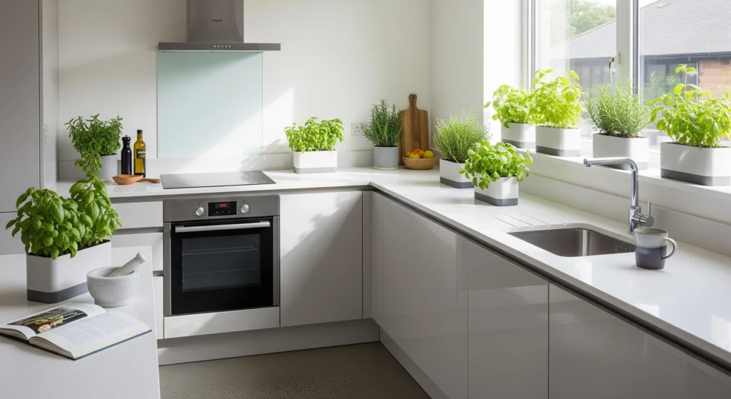 Bright, modern kitchen with various herbs growing on windowsill and counter