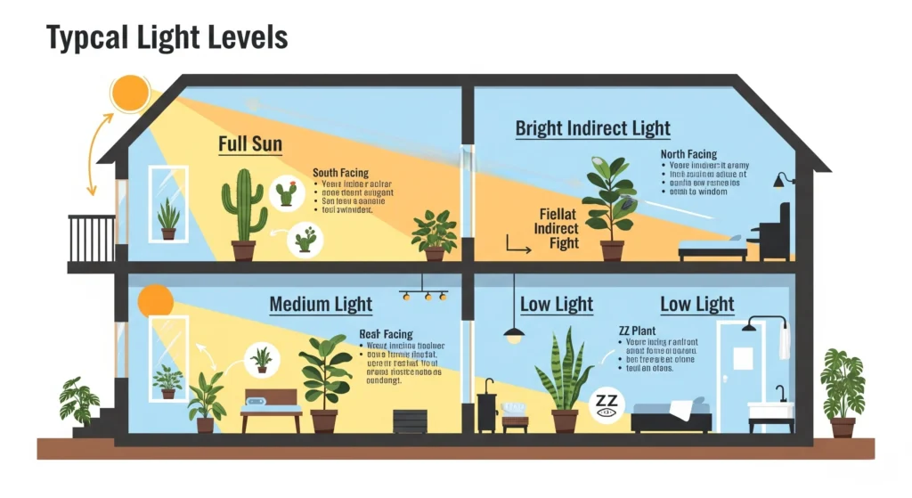  Infographic showing different light levels and plant placement in a typical home