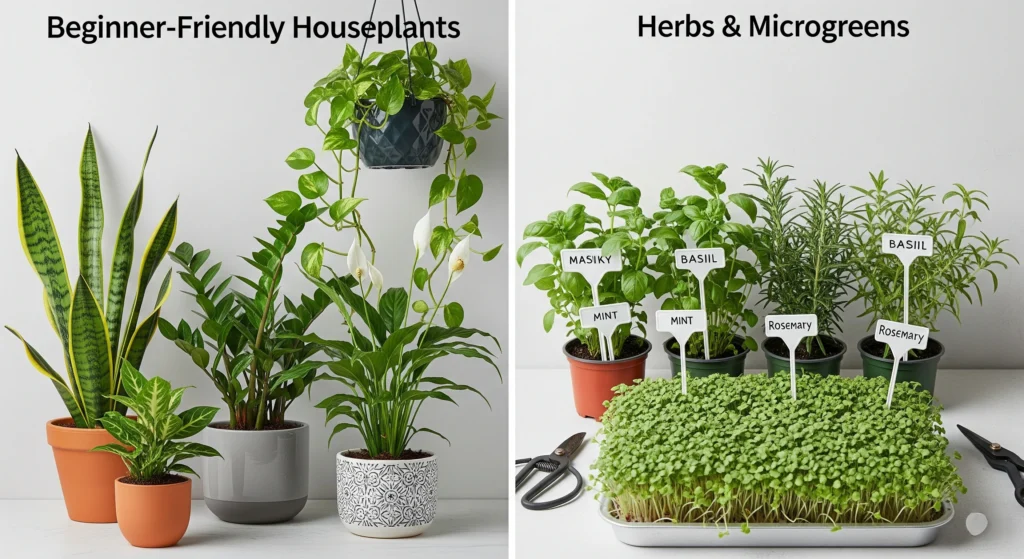 comparison of beginner-friendly houseplants vs. herbs and microgreens